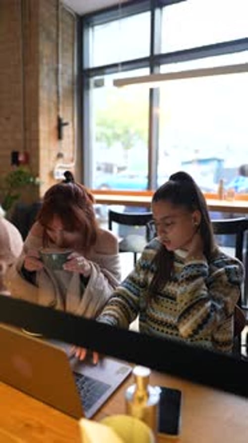 Students Study Together Learn in Teamwork Do Homework in a Coffee Shop