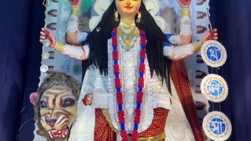 Chandannagar, West Bengal, India : An idol of Hindu Goddess Jagadhatri during the Jagadhatri Puja ce