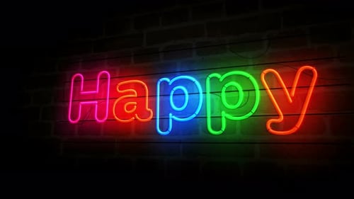 Happy Neon Sign Text Animation on Brick Wall