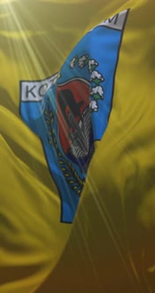 Waving Flag of Kotam Mataram with Coat of Arms 3D Animation