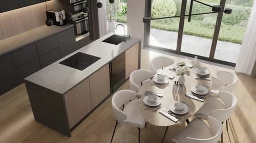 Kitchen-dining room, room in a modern minimalist style. Open space. 3D rendering.