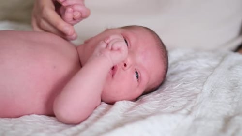 Adorable Infant Lying on White Blanket Holds Parent's Hands