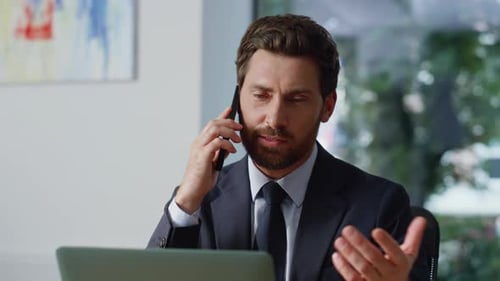 Confident Boss Calling Mobile Phone at Office Closeup Man Talking Smartphone