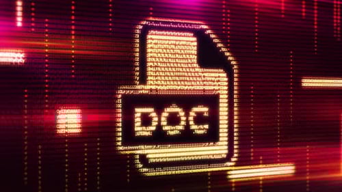 Doc File Icon Emerging From Programming Code on Computer Screen