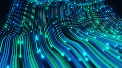 Abstract technology wave of particles. Big data visualization. Dark background with motion green lin