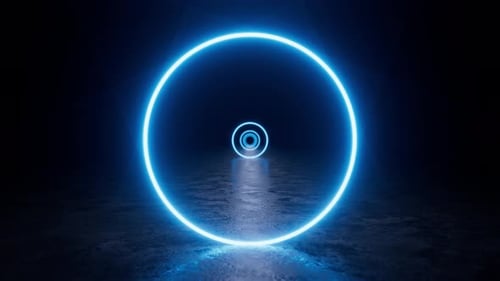 Light blue neon circle glowing and pulsating on dark background