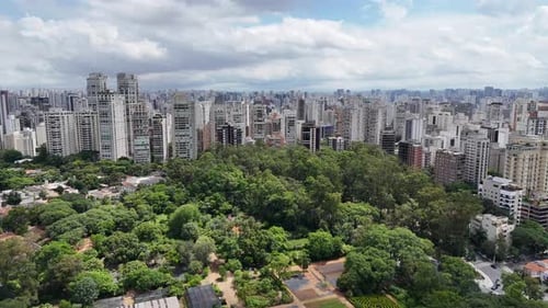 Vídeo aéreo acima do Parque Ibirapuera São Paulo em um dia ensolarado