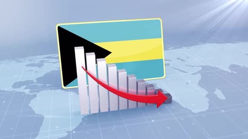 Bahamas Flag With Decrease Bar Chart Graph And Arrow Red