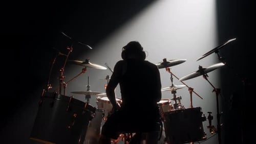 Trap Set with Hihat and Bass Drums and Drummer Playing Music Alone in Studio Professional Rock