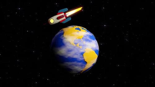 Die Rakete fliegt im Orbit um den Planeten Erde.