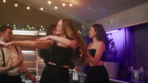 Beautiful Caucasian Young Woman Dancing in Nightclub Have Fun in Friends Party People on Dance Floor
