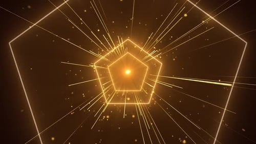 Golden Glowing Geometric Pentagon Tunnel Animation Loop