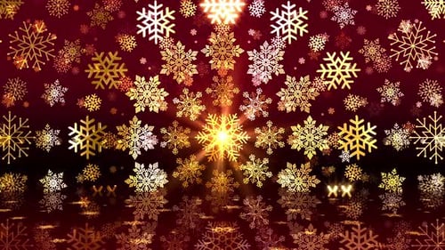 Shiny Golden Snowflakes Falling Red Festive Background Loop