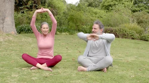 Couple Stretching Outdoors on Green Lawn Together