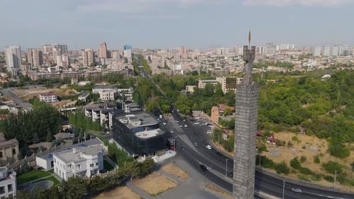 Aerial view vehicle traffic, modern buildings in Yerevan, Armenia.
