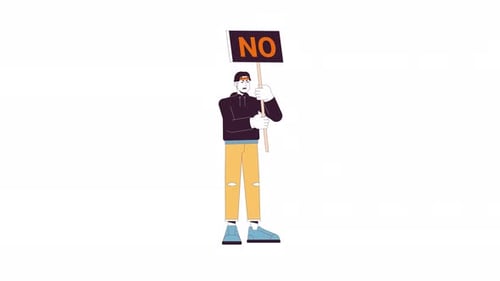 Flat Design Animated Character Holding 'No' Protest Sign