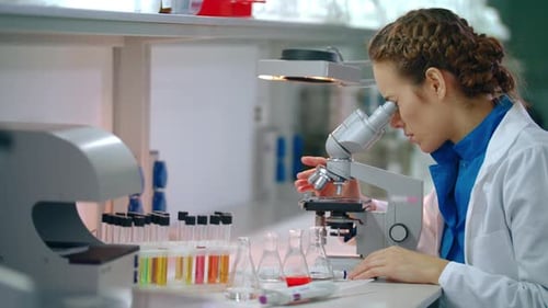Scientist Woman Uses Microscope in Laboratory Setting