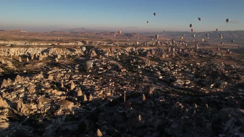 Hot Air Balloons Above Goreme, Cappadocia, Turkey. Aerial View of Famous Tourist Attraction on Sunny