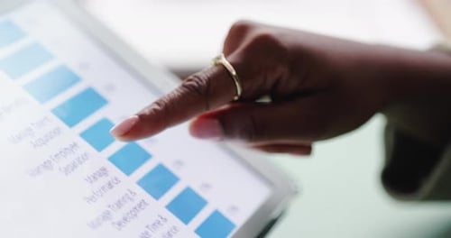 Woman, hands and tablet with screen, graphs and review for company sales or data analysis in office