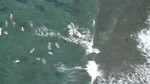 Aerial view of surfers in ocean, Philippines.