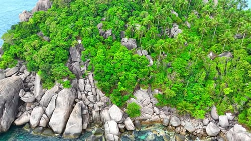 Rocky coastline with green forests and unique blue turquoise sea water.