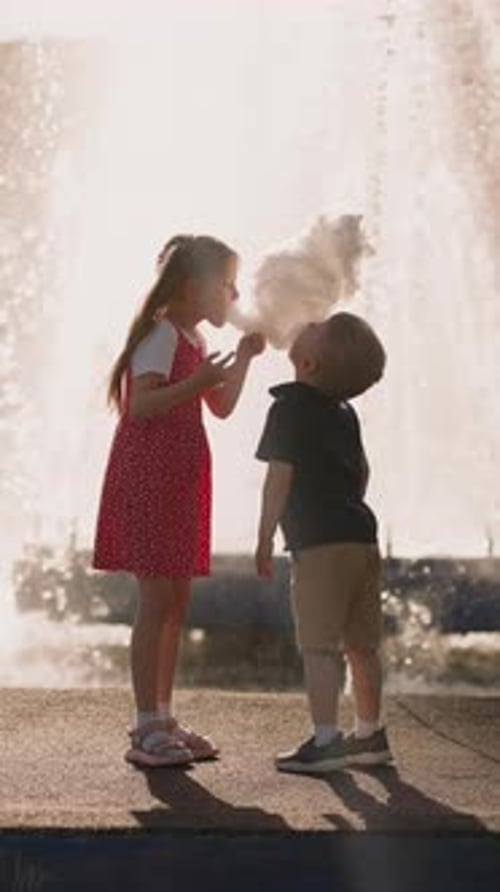 Little Boy and Girl Bite Candy Floss Standing By Fountain