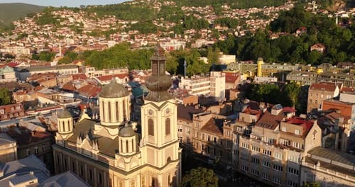 Orthodox Cathedral In The Old Town Of Sarajevo In Bosnia and Herzegovina. - aerial shot