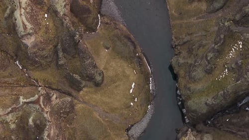 aerial - winding river through Fjaðrárgljúfur Canyon Kirkjubæjarklaustur Iceland