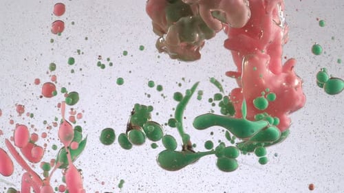 Liquid spheres of green and pink mixing abstractly