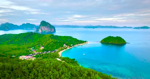 Aerial drone shot of Las Cabañas Beach El Nido, Palawan Philippines