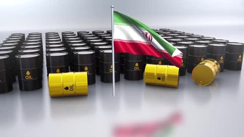 Iran Flag With Rows Of Oil Drums Motion Graphic Background
