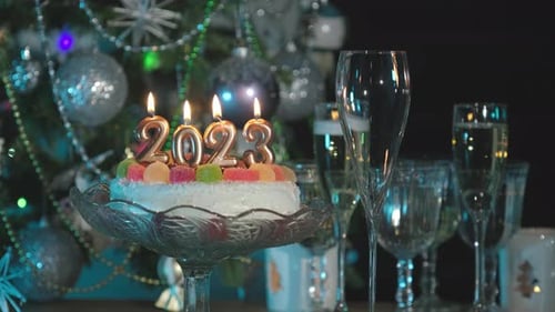 Festive Table with 2023 Birthday Cake and Champagne