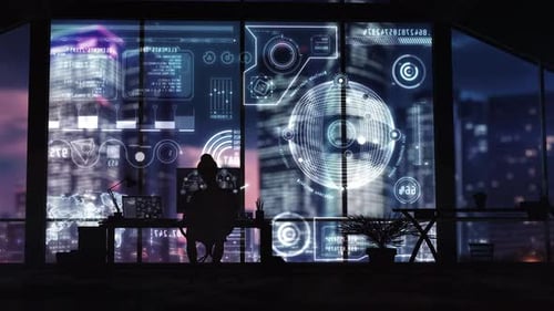 Businesswoman Working with Futuristic Interface in Modern Office at Night