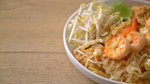 Close Up of Noodles with Shrimp and Sprouts