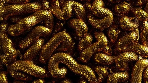 3d abstract background with tangled golden metallic snakes moving