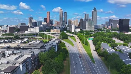 Highways Leading To Downtown Atlanta With Panorama Of Skyline In Daytime In Georgia, USA. - aerial s