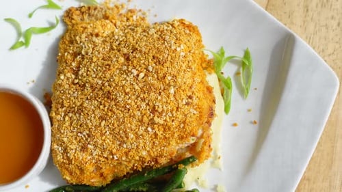 Breaded Fish and Green Beans on a Plate