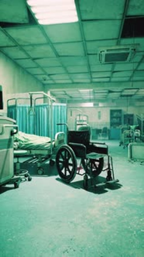 Old Hospital Scene with Empty Wheelchair and Abandoned Medical Equipment