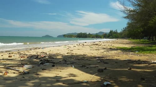 Summer Beautiful View Of Tanjung Aru White Sandy Beach, Small Island, Blue sea water And Green Trees