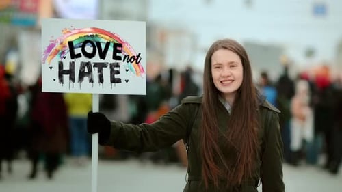 Lesbian Woman Hold Love Not Hate Placard Lgbt Protest Demonstration Gay Banner