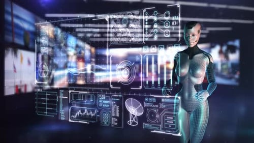 Robot Presenting Futuristic Global Business Data Analysis on Interactive Screen