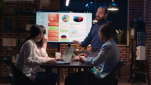 Company Employee Presenting Analytics Research in Business Meeting