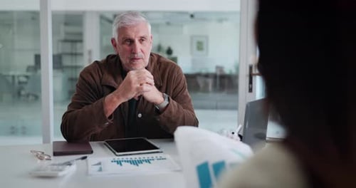 Business people, documents and meeting with laptop for statistics, company report or analysis