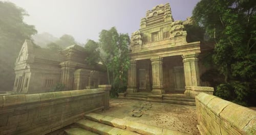 Ancient Ruins Hidden Within Lush Jungle During Early Morning Light
