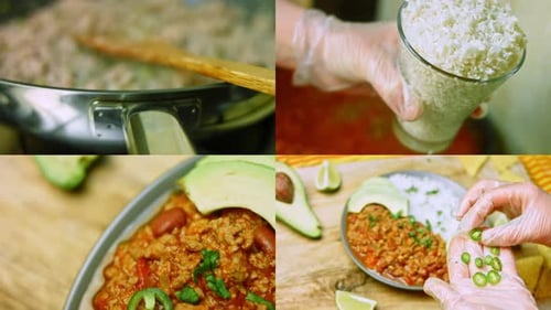 Preparing Chili With Rice, Avocado, and Jalapenos