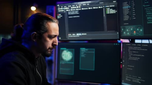 Hacker Typing Fast on Keyboard Rushing to Finish Developing Spyware Software