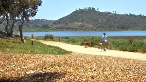 Woman walks her dog on California coastal path enjoying summer sun and sea view