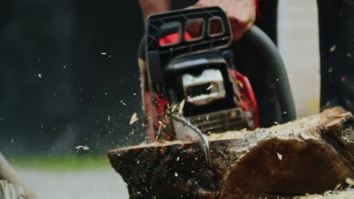 Person, die mit einer Kettensäge einen Baumstamm mit Sägemehl, fliegendem Holz und Holzbearbeitung schneidet, Konzept