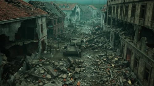 Cinematic War Aftermath Battlefield Scene: Drone Flying Above A Destroyed Warzone Street