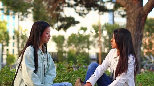 Two Female Friends Talking and Laughing Together in a Park